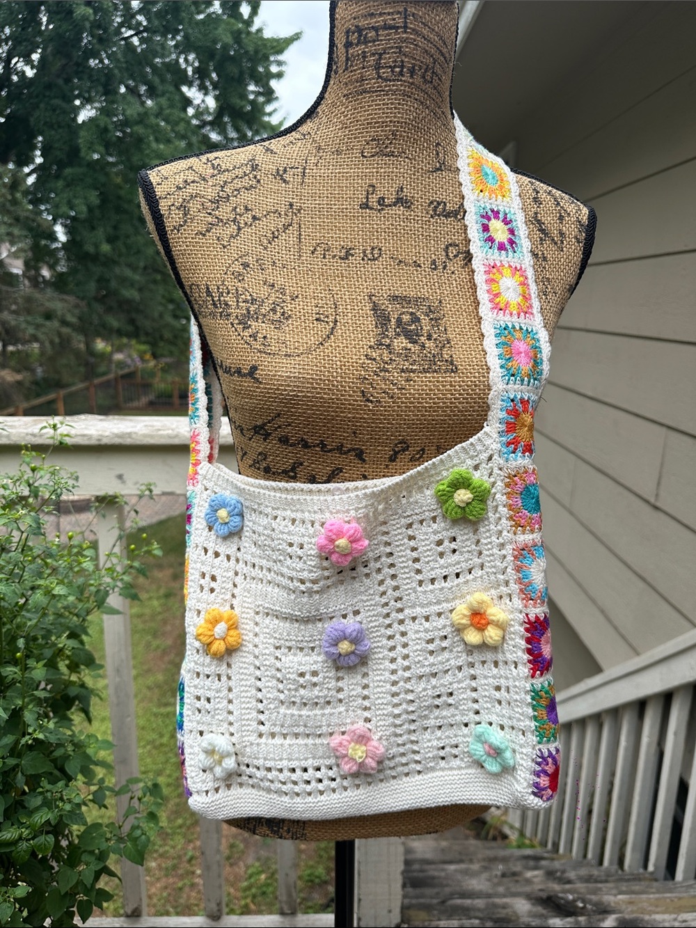 Handmade White Crochet Floral Crossbody Bag